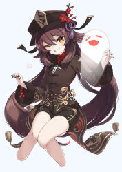 Rule 34 | 1girl, ;d, bead bracelet, beads, black nails, black shorts, boo tao (genshin impact), bracelet, brown coat, brown hair, brown hat, coat, coattails, cropped legs, flower, genshin impact, ghost, grin, hair between eyes, hat, hat flower, hat tassel, highres, hu tao (genshin impact), jewelry, long hair, long sleeves, looking at viewer, one eye closed, open mouth, saebashi, shorts, simple background, smile, solo, star-shaped pupils, star (symbol), symbol-shaped pupils, twintails, white background, yellow pupils