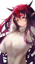 Rule 34 | 1girl, absurdres, blue eyes, breasts, closed mouth, getto, glasses, gradient hair, hand up, heterochromia, highres, hololive, hololive english, horns, irys (hololive), large breasts, long hair, long sleeves, looking at viewer, multicolored hair, pointy ears, purple eyes, purple hair, simple background, smile, solo, sweater, turtleneck, turtleneck sweater, upper body, virtual youtuber, white background, white sweater