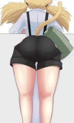 Rule 34 | 1girl, absurdres, ass, back, blonde hair, cat tail, commentary, feet out of frame, from behind, girls&#039; frontline, highres, idw (girls&#039; frontline), leaning on table, legs, medium hair, pouch, shirt, shorts, sleeves rolled up, solo, suspenders, tail, twintails, white shirt, yonao