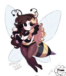 Rule 34 | 1girl, arthropod girl, bee girl, black eyes, black hairband, blonde hair, breasts, brown hair, brown pantyhose, chibi, cleavage, commentary, corrupted twitter file, daniela (darpunk), darpunk, flower, full body, hairband, hand up, highres, insect girl, large breasts, long hair, multicolored hair, original, pantyhose, simple background, stinger, two-tone hair, very long hair, white background, wings