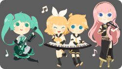 Rule 34 | 1boy, 3girls, aqua eyes, aqua hair, beamed quavers, blonde hair, blue eyes, blush stickers, boots, chibi, commentary, cross-laced footwear, detached sleeves, eyelashes, guitar, hair ornament, hair ribbon, hairband, hairclip, hatsune miku, instrument, kagamine len, kagamine rin, keyboard (instrument), knee boots, lace-up boots, long hair, looking at another, megurine luka, multiple girls, musical note, navel, open mouth, pink hair, pleated skirt, quaver, ribbon, rina (rinatan), shorts, skirt, smile, standing, tattoo, thighhighs, twintails, violin, vocaloid, zettai ryouiki