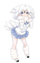 Rule 34 | 10s, 1girl, bird tail, blue bow, blue bowtie, blue eyes, blue skirt, bow, bowtie, character request, full body, fur-trimmed sleeves, fur collar, fur trim, hair between eyes, hands up, head wings, ise (0425), kemono friends, long hair, long sleeves, looking at viewer, pleated skirt, simple background, skirt, solo, standing, tail, white background, white hair, wings