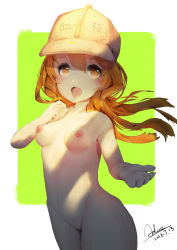 Rule 34 | 10s, 1girl, 2018, audo, breasts, brown eyes, brown hair, cowboy shot, dated, female focus, hair between eyes, hat, hataraku saibou, highres, long hair, looking at viewer, looking to the side, nipples, no pussy, nude, outside border, platelet (hataraku saibou), signature, small breasts, solo, white background, yellow background