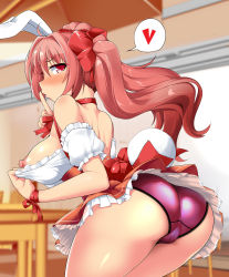 Rule 34 | 1girl, animal ears, ass, bad id, bad pixiv id, bare back, bare shoulders, blush, breasts, cameltoe, clothes pull, commentary request, di gi charat, finger to mouth, from behind, heart, highres, kotatsu (kotatsu3), large breasts, leaning forward, long hair, looking at viewer, looking back, miniskirt, nipples, no bra, panties, pink eyes, pink hair, pulling own clothes, purple panties, rabbit ears, rabbit tail, red skirt, ribbon, shirt, shirt pull, shushing, sideboob, skirt, solo, spoken heart, tail, trefoil, twintails, underwear, usada hikaru, white shirt