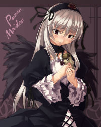 Rule 34 | 00s, 1girl, black dress, black wings, closed mouth, cowboy shot, cross-laced clothes, dress, frills, hairband, hands on own chest, head tilt, hino akira, lolita hairband, long hair, looking at viewer, red eyes, rozen maiden, silver hair, smile, solo, suigintou, wings