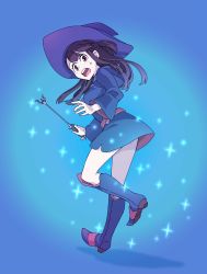 Rule 34 | 1girl, artist name, asymmetrical bangs, belt, blue background, blue dress, blue footwear, blue hat, blunt bangs, blunt ends, blush, boots, breasts, brown hair, dress, from side, full body, hat, highres, holding, holding wand, hood, hood down, hooded dress, kagari atsuko, little witch academia, long hair, long sleeves, looking at viewer, medium breasts, one side up, open mouth, red belt, red eyes, rioco, short dress, single sidelock, solo, sparkle, standing, standing on one leg, sweatdrop, swept bangs, teeth, upper teeth only, wand, witch hat