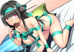 Rule 34 | 1girl, barefoot, bed, black hair, blush, breasts, candy, chocolate, chocolate heart, choukai (kancolle), cleavage, food, glasses, headband, headgear, heart, highres, kantai collection, kuromayu, large breasts, long hair, looking at viewer, mouth hold, naked ribbon, on bed, pillow, red eyes, ribbon, simple background, sitting, solo