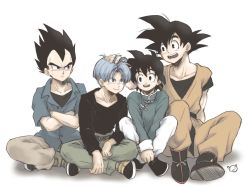 Rule 34 | 4boys, ayata 1010, black eyes, black footwear, black hair, black shirt, blue hair, boots, chinese clothes, crossed arms, dougi, dragon ball, dragon ball super, dragon ball super super hero, father and son, hand in another&#039;s hair, highres, looking at another, male focus, multiple boys, open mouth, saiyan, shirt, short hair, simple background, sitting, smile, son goku, son goten, spiked hair, trunks (dragon ball), vegeta, white background