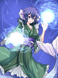 Rule 34 | 1girl, benizuwai, blue eyes, blue hair, breasts, cleavage, collarbone, drill hair, energy ball, fins, fish tail, head fins, highres, japanese clothes, kimono, large breasts, long sleeves, looking at viewer, matching hair/eyes, mermaid, monster girl, obi, sash, short hair, solo, tail, touhou, underwater, wakasagihime, wide sleeves