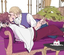 Rule 34 | 2boys, blonde hair, blush, brown hair, cake, couch, cup, drinking glass, fire emblem, fire emblem fates, food, french kiss, japanese clothes, kiss, long hair, male focus, multiple boys, nintendo, ryoma (fire emblem), tongue, u (lastcrime), wine glass, xander (fire emblem), yaoi