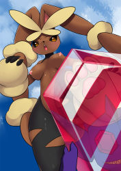Rule 34 | 1girl, animal ears, animal hands, black legwear, black sclera, blue background, blue sky, blush, breasts, breasts apart, cleft of venus, cloud, colored sclera, creatures (company), crystal, day, embarrassed, feet, from below, furry, furry female, game freak, gem, gen 3 pokemon, gen 4 pokemon, gluteal fold, grin, hand up, highres, holding, leg up, looking down, lopunny, medium breasts, mega lopunny, mega pokemon, mega sableye, nintendo, nipples, nude, open mouth, orange eyes, outdoors, pawpads, pokemon, pokemon (creature), pussy, rabbit ears, rabbit girl, rabbit tail, red eyes, red gemstone, reflection, sableye, sharp teeth, shiny clothes, shiny skin, skindentation, sky, smile, solo focus, standing, standing on one leg, tail, teeth, torn clothes, torn legwear, transparent, uncensored, wolflong