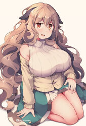 Rule 34 | 1girl, animal ears, breasts, brown eyes, brown hair, commentary request, green skirt, hair between eyes, kuromiya, large breasts, long hair, long sleeves, looking at viewer, makisato hiromi, open mouth, original, simple background, sitting, skirt, smile, solo, sweater, thighs, turtleneck, turtleneck sweater, twitter username, wariza, white sweater, yellow background, yellow sweater