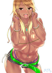 Rule 34 | 1girl, areola slip, bare shoulders, belt, blonde hair, blue shorts, blush, breasts, brown hair, chain, commentary request, dark-skinned female, dark skin, denim, denim shorts, earrings, gradient hair, gyaru, hair between eyes, highres, idolmaster, idolmaster shiny colors, izumi mei, jewelry, kuro gyaru, large breasts, light areolae, linked piercing, long hair, looking at viewer, multicolored hair, navel, navel piercing, necklace, nipple chain, nipple piercing, open mouth, piercing, revision, shiny skin, short shorts, shorts, simple background, solo, standing, suna (sandworks), tan, tongue, tongue out, tongue piercing, topless, white background