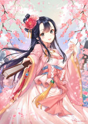 Rule 34 | 1girl, :d, black eyes, black hair, blush, breasts, cherry blossoms, chinese clothes, cleavage, cloud, commentary, day, fingernails, flower, folded fan, folding fan, hair between eyes, hair flower, hair ornament, hand fan, hand up, hanfu, head tilt, holding, holding fan, long hair, long sleeves, looking at viewer, medium breasts, open mouth, original, outdoors, outstretched arm, pink flower, red flower, sky, smile, solo, teeth, tena, upper teeth only, very long hair, wide sleeves