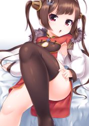 Rule 34 | 1girl, ahoge, anchor hair ornament, ass, azur lane, bed sheet, blush, breasts, brown hair, brown thighhighs, dress, fingernails, fur-trimmed jacket, fur trim, hair ornament, hairband, hairpods, highres, jacket, kirisame mia, long hair, long sleeves, looking at viewer, open clothes, open jacket, parted lips, pelvic curtain, pillow, ping hai (azur lane), puffy long sleeves, puffy sleeves, red dress, red eyes, sidelocks, sleeves past wrists, small breasts, solo, thighhighs, twintails, very long hair, white background, white hairband, white jacket