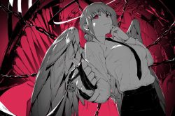 Rule 34 | 1girl, angel wings, black necktie, black pants, braid, braided ponytail, breasts, chain, chainsaw devil, chainsaw man, collared shirt, erotipop, feathered wings, grey hair, halo, highres, holding, holding leash, leash, long hair, looking at viewer, makima (chainsaw man), medium breasts, monochrome, necktie, pants, pochita (chainsaw man), red background, red eyes, ringed eyes, sharp teeth, shirt, sidelocks, solo focus, spot color, teeth, white shirt, wings