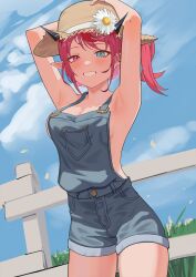 Rule 34 | 1girl, absurdres, alternate costume, armpit crease, armpits, arms behind head, arms up, blue eyes, blue overalls, blush, breasts, cleavage, cloud, cloudy sky, demon horns, fence, flower, grass, hat, highres, hololive, hololive english, horns, irys (hololive), large breasts, long hair, multicolored hair, naked overalls, overalls, pink hair, pointy ears, ponytail, purple hair, red hair, shift (shiftillust), sideboob, sky, smile, solo, sun hat, sunflower, teeth, thighs, virtual youtuber