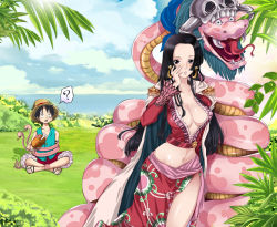 Rule 34 | 1boy, 1girl, ?, amazon lily, amazon warrior, bad id, bad pixiv id, black hair, boa hancock, breasts, cleavage, earrings, gunpei, jewelry, large breasts, monkey d. luffy, navel, one piece, salome (one piece), snake