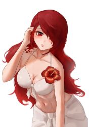 Rule 34 | 1girl, absurdres, bikini, blush, breasts, collarbone, commentary, commission, cowboy shot, english commentary, eyelashes, flower, front-tie bikini top, front-tie top, hair over one eye, highres, kirijou mitsuru, large breasts, leaning forward, long hair, looking at viewer, n7grey, navel, official alternate costume, one eye covered, parted bangs, parted lips, persona, persona 3, red eyes, red flower, red hair, sidelocks, simple background, solo, stomach, swept bangs, swimsuit, white background, white bikini
