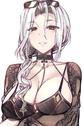 Rule 34 | 1girl, bikini, black bikini, bracelet, braid, breasts, carmilla (fate), carmilla (swimsuit rider) (fate), carmilla (swimsuit rider) (third ascension) (fate), choker, cleavage, commentary request, cowboy shot, eyewear on head, fate/grand order, fate (series), fue (rhomphair), graffiti, highres, jewelry, long hair, looking at viewer, medium breasts, o-ring, o-ring bikini, o-ring top, orange eyes, parted bangs, parted lips, pendant, pink lips, see-through, side braid, silver hair, sketch, smile, solo, stomach, sunglasses, swimsuit, upper body, white background
