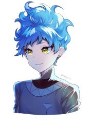 Rule 34 | 1boy, blue hair, closed mouth, cropped torso, highres, joints, looking away, male focus, mechanical parts, ortho shroud, robot joints, short hair, simple background, smile, solo, spiked hair, twisted wonderland, twitter username, wavy hair, white background, yellow eyes, yucke19