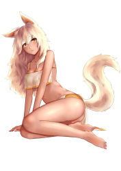 Rule 34 | 1girl, absurdres, animal ears, arm support, ass, bikini, blonde hair, breasts, closed mouth, fang, highres, jiliang jiying yumao, large breasts, long hair, looking at viewer, original, simple background, sitting, slit pupils, solo, swimsuit, tail, yellow bikini, yellow eyes