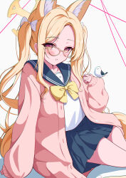 Rule 34 | 1girl, absurdres, animal, animal ear fluff, animal ears, bespectacled, bird, black sailor collar, black skirt, blonde hair, blue archive, blush, cardigan, extra ears, fox ears, glasses, highres, long hair, long sleeves, looking at viewer, open cardigan, open clothes, open mouth, pink cardigan, pleated skirt, sailor collar, school uniform, seia (blue archive), serafuku, simple background, skirt, solo, tarako (tarakopng), white background, white bird, yellow eyes