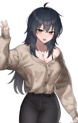Rule 34 | 1girl, ahoge, arm up, bare shoulders, black hair, black pants, breasts, brown cardigan, brown eyes, buttons, cardigan, cleavage, collarbone, cowboy shot, highres, jewelry, long hair, long sleeves, looking at viewer, medium breasts, necklace, off shoulder, open mouth, original, pants, simple background, smile, solo, sweater tucked in, white background, yareen