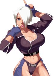 Rule 34 | 1girl, angel (kof), arms up, blue eyes, breasts, cameltoe, cleavage, cleft of venus, covered erect nipples, female focus, finger to mouth, fingerless gloves, gloves, large breasts, looking at viewer, lowres, midriff, navel, pixel art, short hair, simple background, smile, snk, solo, the king of fighters, thong, tongue, underwear, warner, white hair