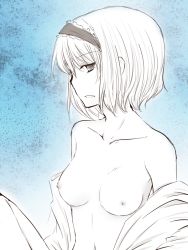 Rule 34 | 1girl, alice margatroid, bad id, bad pixiv id, breasts, female focus, hairband, monochrome, nipples, open clothes, open shirt, shirt, short hair, solo, touhou, yjy