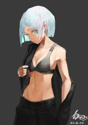 Rule 34 | 1girl, absurdres, aqua eyes, bare shoulders, belt, blue hair, bra, closed mouth, collarbone, dated, grey background, grey bra, highres, light blue hair, linween, looking at viewer, navel, original, painterly, short hair, signature, simple background, single bare shoulder, solo, underwear