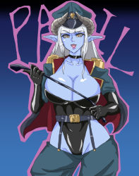 Rule 34 | 1girl, artist request, belt, black leotard, black sclera, blue skin, breasts, cape, choker, cleavage, collarbone, colonel pale, colored sclera, colored skin, covered navel, cropped jacket, demon girl, demon horns, elbow gloves, female focus, full body, gloves, hat, high heels, highleg, horns, jacket, large breasts, latex, leather, leather gloves, leotard, lipstick, long hair, looking at viewer, lowleg, lowleg pants, makeup, military, military uniform, mimizu (tokagex), open clothes, open jacket, original, pants, peaked cap, pointy ears, revealing clothes, shiny skin, silver hair, smile, solo, standing, uniform, wide hips, yellow eyes
