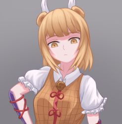 Rule 34 | 1girl, bad id, bad pixiv id, blonde hair, blunt bangs, breasts, closed mouth, collared shirt, commentary request, double bun, dress, expressionless, florentia menma, grey background, hair bun, hand on own hip, haniwa (statue), joutouguu mayumi, looking down, medium breasts, puffy short sleeves, puffy sleeves, red ribbon, ribbon, shirt, short hair, short sleeves, simple background, solo, touhou, upper body, vambraces, yellow dress, yellow eyes
