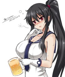 Rule 34 | 10s, 1girl, alcohol, artist name, bare shoulders, beer, black hair, blush, breasts, cleavage, cup, dated, drunk, gloves, hair between eyes, hiccup, holding, kantai collection, large breasts, long hair, looking at viewer, mug, necktie, open mouth, ponytail, red eyes, school uniform, scrunchie, serafuku, smile, solo, sweat, the-sinner, upper body, white gloves, yahagi (kancolle)