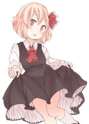 Rule 34 | 1girl, :d, ascot, black dress, blonde hair, clothes lift, dress, dress lift, hair ribbon, highres, kamotsu yasai, lifted by self, long sleeves, looking at viewer, open mouth, red ascot, red eyes, red ribbon, ribbon, rumia, shirt, short hair, simple background, smile, socks, solo, touhou, white background, white shirt, white socks