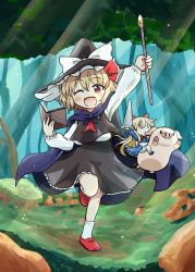 Rule 34 | 0 0, 1girl, ;d, apron, arms up, ascot, black skirt, black vest, blonde hair, blue dress, blush, book, cape, commentary request, day, dress, flying, forest, hair between eyes, hair ribbon, hat, holding, holding book, holding lance, holding polearm, holding staff, holding weapon, lance, light rays, long hair, long sleeves, looking at viewer, nature, one eye closed, open book, open mouth, outdoors, pig, polearm, red ascot, red eyes, red footwear, ribbon, rokugou daisuke, rumia, shanghai doll, shirt, short hair, skirt, smile, socks, solo, staff, standing, standing on one leg, sunbeam, sunlight, touhou, touhou cannonball, vest, waist apron, weapon, white shirt, white socks, witch hat