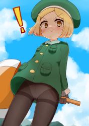 Rule 34 | !, 1girl, absurdres, axe, black pantyhose, blonde hair, blush, brown eyes, coat dress, crotch seam, day, embarrassed, fate/grand order, fate (series), female focus, from below, gloves, green hat, hat, highres, holding, holding axe, looking at viewer, outdoors, pantyhose, paul bunyan (fate), pout, ryesandus, solo