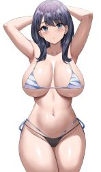 Rule 34 | 1girl, absurdres, armpits, arms behind head, bikini, blue eyes, blue hair, breasts, cleavage, gridman universe, highres, jasony, large breasts, legs, looking at viewer, navel, solo, ssss.gridman, swimsuit, takarada rikka, thick thighs, thighs, thong bikini