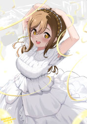 Rule 34 | 1girl, absurdres, birthday, blush, bracelet, breasts, brown hair, character name, commentary, dated, dress, english text, hairband, hands on own head, highres, jewelry, kunikida hanamaru, large breasts, long hair, looking at viewer, love live!, love live! sunshine!!, pisagi, smile, solo, teeth, upper teeth only, white dress, yellow eyes