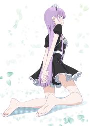 Rule 34 | 1girl, arms behind back, barefoot, feet, from behind, full body, highres, kneeling, long hair, looking at viewer, looking back, maid, makicha (sasurainopink), new game!, pov, purple eyes, purple hair, smile, soles, solo, suzukaze aoba, toes, very long hair, white background