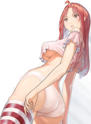 Rule 34 | 1girl, ass, bare shoulders, breasts, covered erect nipples, crop top, dutch angle, from below, large breasts, lips, long hair, looking to the side, mole, mole under mouth, off-shoulder shirt, off shoulder, original, panties, pink lips, pink shirt, red eyes, red hair, shiratama (monster1553), shirt, short sleeves, simple background, skindentation, solo, striped clothes, striped thighhighs, thighhighs, topknot, underboob, underwear, unworn eyewear, white background, white panties