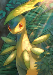 Rule 34 | bayleef, blurry, closed mouth, commentary request, creatures (company), day, game freak, gen 2 pokemon, highres, kikuyoshi (tracco), leaf, light beam, nintendo, no humans, orange eyes, outdoors, plant, pokemon, pokemon (creature), smile, solo, standing