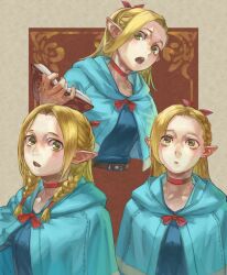 Rule 34 | 1girl, absurdres, blonde hair, blue capelet, blue robe, book, braid, capelet, choker, dungeon meshi, elf, green eyes, highres, holding, holding book, hood, hooded capelet, marcille donato, multiple braids, multiple views, open mouth, pointy ears, red choker, robe, yomoyama yotabanashi