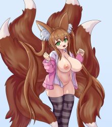 Rule 34 | 1girl, :d, animal ear fluff, animal ears, blush, breasts, brown hair, cardigan, commission, fang, fox ears, fox girl, fox tail, green eyes, highres, inverted nipples, large breasts, long hair, multiple tails, nav (itsnav), open cardigan, open clothes, open mouth, open shirt, original, pink cardigan, plump, plushmallow, shortstack, simple background, smile, solo, striped clothes, striped thighhighs, tail, thick thighs, thighhighs, thighs, twintails, very long hair