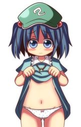 Rule 34 | 1girl, belly, blue eyes, blue hair, blush, blush stickers, bow, bow panties, chikama (hyzyo), clothes lift, dress, dress lift, embarrassed, frilled shirt collar, frills, groin, hair bobbles, hair ornament, hat, kawashiro nitori, key, looking at viewer, matching hair/eyes, midriff, panties, polka dot, polka dot panties, shirt, short hair, short sleeves, simple background, skirt, skirt lift, skirt set, solo, thigh gap, touhou, twintails, two side up, underwear, upskirt, wavy mouth, white background