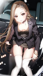 Rule 34 | 1girl, asymmetrical bangs, bangle, black choker, black dress, black jacket, bracelet, breasts, brown eyes, brown hair, car, chain, choker, collarbone, downblouse, dress, ear piercing, earrings, feet out of frame, glint, hair ornament, highres, hoshii hisa, jacket, jewelry, long hair, long sleeves, looking at viewer, motor vehicle, on vehicle, original, parted lips, piercing, reflection, sitting, sleeves past wrists, small breasts, solo, stud earrings, thighhighs, thighhighs pull, very long hair, watch, white thighhighs, wristwatch