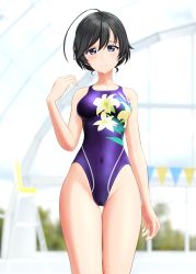 Rule 34 | 1girl, absurdres, ahoge, black eyes, black hair, black one-piece swimsuit, blurry, blurry background, breasts, commentary request, competition swimsuit, covered navel, cowboy shot, floral print, girls und panzer, highres, indoors, isuzu hana, long hair, medium breasts, one-piece swimsuit, purple one-piece swimsuit, solo, string of flags, swimsuit, takafumi, thigh gap, updo