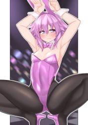 Rule 34 | 1girl, animal ears, black pantyhose, bow, bowtie, breasts, detached collar, dura, embarrassed, fake animal ears, high heels, highleg, highleg leotard, highres, leotard, long hair, medium breasts, multiple girls, neptune (neptunia), neptune (series), pantyhose, pink bow, pink footwear, pink leotard, pink neckwear, playboy bunny, rabbit ears, shoes, small breasts, squatting, wrist cuffs