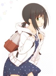 Rule 34 | 1girl, backpack, bag, black hair, blue dress, chestnut mouth, commentary request, cowboy shot, drawstring, dress, fubuki (kancolle), fujisaki yuu, green eyes, holding strap, hood, hooded jacket, hoodie, jacket, kantai collection, looking at viewer, low ponytail, official alternate costume, polka dot, polka dot dress, ponytail, short ponytail, sidelocks, solo, star (symbol), starry background, white background, white jacket