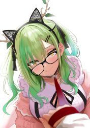 Rule 34 | 1girl, animal ears, black choker, branch, breasts, cat ears, ceres fauna, ceres fauna (jirai kei), choker, closed mouth, glasses, green eyes, hair ornament, headband, highres, holding, holding leash, hololive, hololive english, large breasts, leaf, leash, looking at viewer, mole, mole under eye, official alternate costume, pov, redi (rasec asdjh), simple background, smile, tree horns, virtual youtuber, white background, yellow eyes